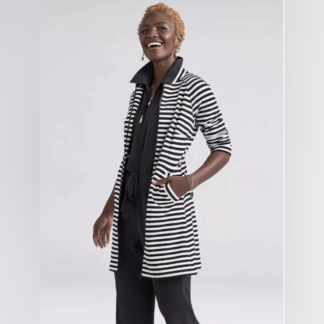 Cabi Byline Jacket Black White Stripe Longline Zip 5851 Size Small